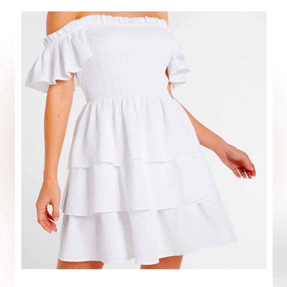 EXPRESS White colored Off the Shoulder Ruffle Tiered Dress, Size L NWT - Picture 7 of 13